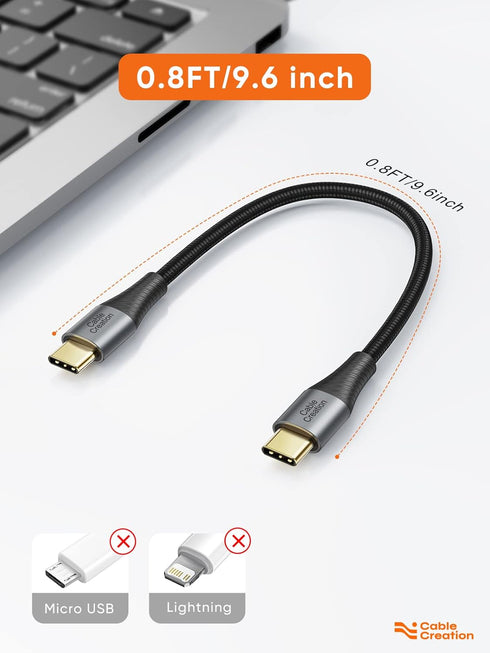 CableCreation Short USB C to USB C Cable 60W, USB C Charger Cable 0.8FT, Double-Braided Exterior Compatible with iPhone 15, Galaxy S23 Ultra S22 S...