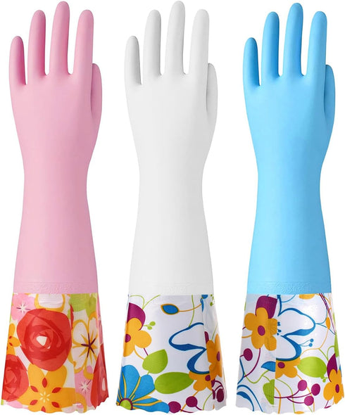 Bamllum 3 Pairs Rubber Cleaning Gloves, Household Kitchen Dishwashing Gloves with Cotton Flocked Liner, Long Cuff 16 Inches, Reusable, Non-Slip (L...