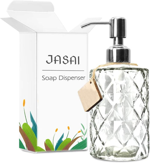 JASAI Diamond Design 12 Oz Glass Soap Dispenser, Kitchen soap Dispenser with 304 Rust Proof Stainless Steel Pump, Bathroom Soap Dispenser for Hand...
