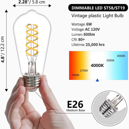 E26 Base Spiral LED Bulb, Daylight White 4000K, ST58/ST19 Antique LED Filament Bulbs with 80+ CRI, 600 LM, 6W Equivalent to 60W, Antique Plastic S...