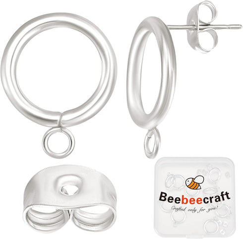 Beebeecraft 1 Box 20Pcs Circle Stud Earring Findings 925 Sterling Silver Plated Stainless Steel Hollow Round Circle Earring Posts with Loop and 20...