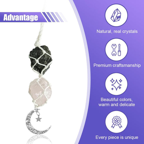 Hanging Car Charm, Crystal Car Hanging Ornament, Car Interior Rear View Mirror Charm, Dangling Moon & Healing Crystal Accessories, Handmade Car Re...