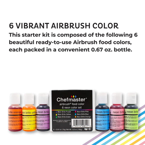 Chefmaster - Neon Airbrush Kit - Airbrush Food Coloring - 6 Pack - Highly-Pigmented, Vibrant Colors, Works With Any Airbrush Tool, Fade-Resistant ...