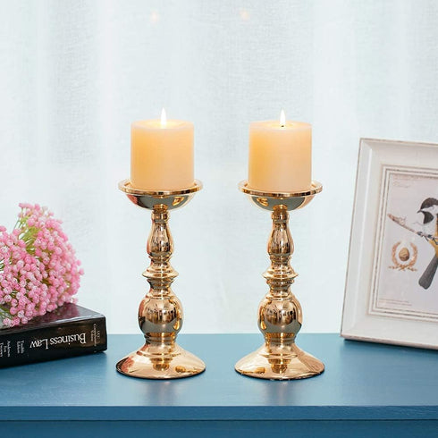 Set of 2 Gold Candlestick Metal Pillar Candle Holders, Flameless Candlestick Holders Stand Centerpieces Decoration Ideal for Weddings, Special Eve...