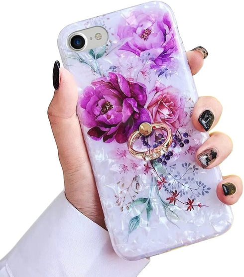 Qokey Compatible with iPhone SE Case 2022/2020,for iPhone 7/8 Cases 4.7 inch Flower Cute Fashion Design for Women Girls 360 Degree Rotating Ring K...
