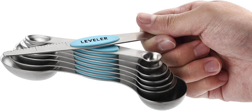 Spring Chef Stainless Steel Magnetic Measuring Spoons Set of 8 with Leveler, Nesting Metal Teaspoon & Tablespoon Measuring Spoons, Fits in Spice J...