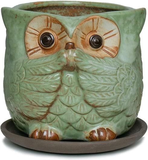 Dahlia 4" Speak No Evil Owl Handmade Ceramic Succulent Planter/Plant Pot/Flower Pot, Green...
