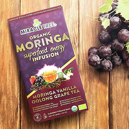 Miracle Tree's Moringa Energy Tea - Vanilla Oolong Grape | Super Caffeinated Blend | Healthy Coffee Alternative, Perfect for Focus | Organic Certi...