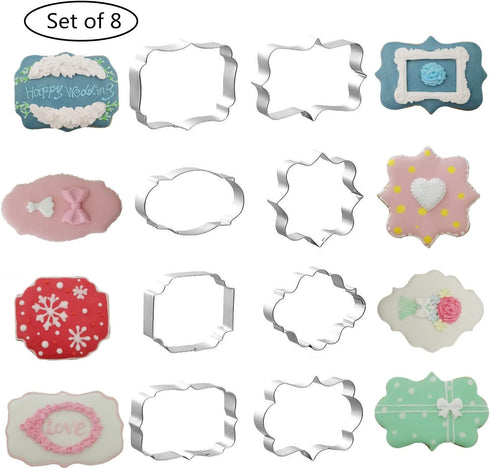 Fancy Plaque Cookie Cutters Set of 8 pcs, Stainless Steel Wedding Frames Shaped Fondant Cutter Molds Baking DIY...