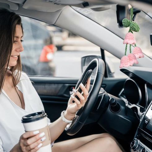 AFUNTA Bellflower Car Rear View Mirror Accessories, 2 PCS Cute Car Accessories, Hand Knitted Car Mirror Hanging Accessories for Women Interior...