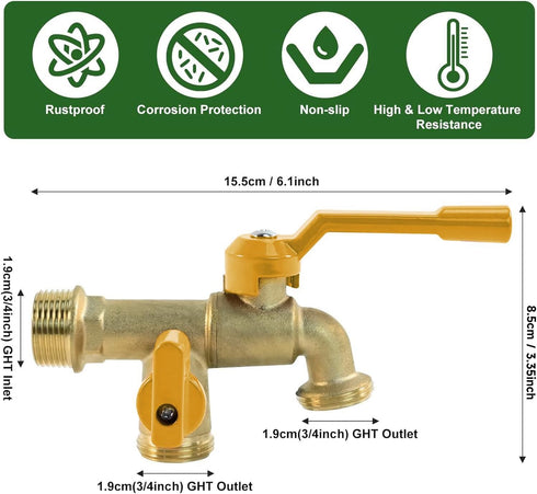 Outdoor Double Taps Water Faucet, Garden Hose Splitter 2 Way, 3/4 inch Wall Mounted Brass Water Tap, Frost-Proof Outside Spigot Replacement with 2...