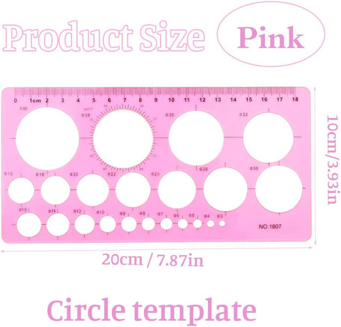 LOKUNN Circle Template for Drawing, Pink Ruler Quilling Tool, Round Hole Ruler Tool, Multi-Function Round Plastic Geometric Stencil Rulers Drawing...