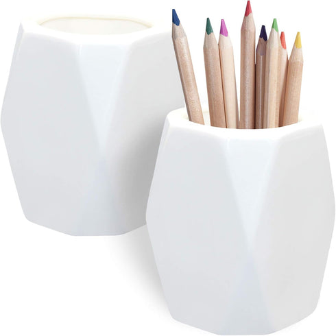 2 Pack Ceramic Pencil Holder,White Geometric Pen Cup Makeup Brush Holder for Girls Women,Desk Accessories Holder,Durable Desktop Organizer Pen Hol...