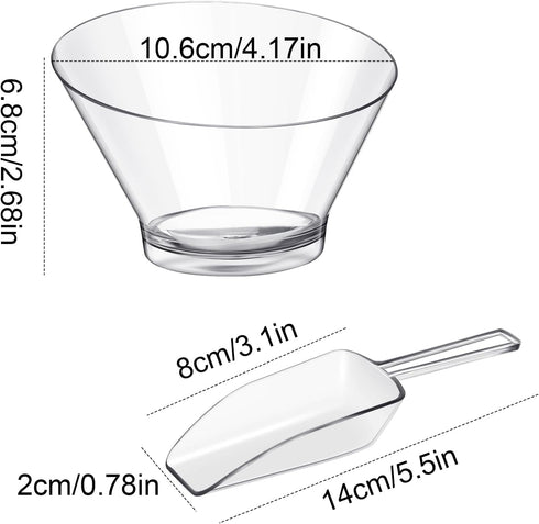 12 Pcs Plastic Clear Serving Bowls with Kitchen Plastic Scoops Salad Serving Bowls Popcorn Scoops Angled Candy Bowl for Salad Cooking Parties, 210...