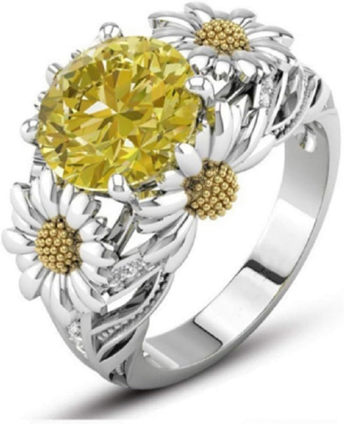 Lzz Fashion Lady 925 Sterling Silver Ring 3.5ct Citrine Daisy Ring Cubic Zirconia Sunflower Flower Wedding Ring Size 6-10 (US Code 6)...