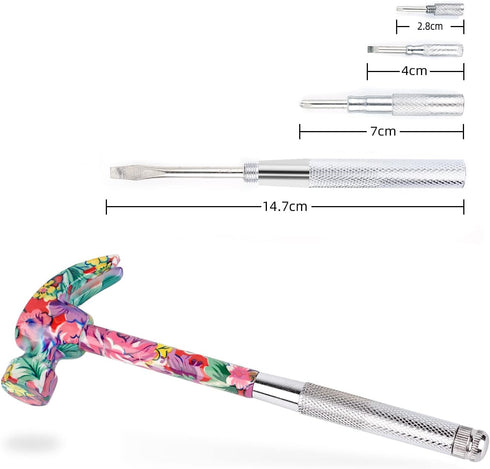 YOUMI 6 in 1 Multifunctional Floral Hammer & Screwdriver Tool Set Claw Hammer with Slotted/Flat Head Phillips Screwdriver Nail Puller Best Christm...