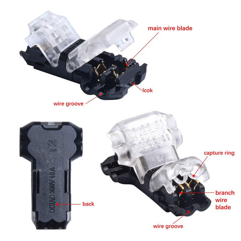 2 Pin T Connector for 22/20/18 AWG Wiring,Max DC/AC 300V 10A,IDC Self Stripping,T Tap Wire Splicer to Connect Branches to Main Wire,Car,LED Lighti...