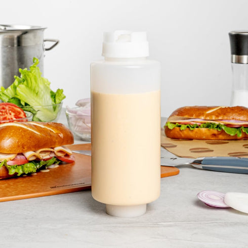 Restaurantware 32oz. FIFO Inverted Plastic Squeeze Bottle with Refill and Dispensing Lids - First In First Out - Perfect for Restaurants Catering ...