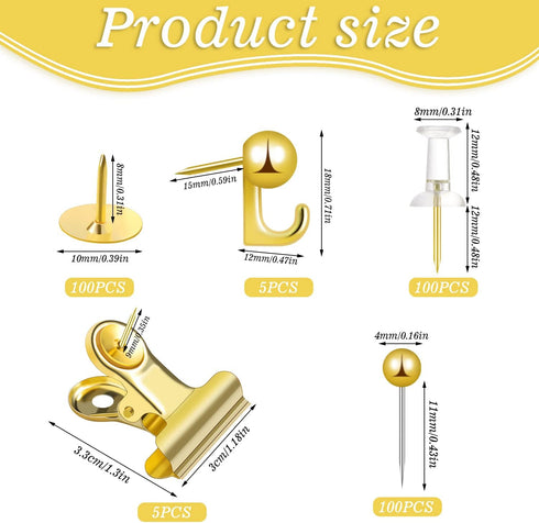 310 Pcs Gold Push Pins Set, Gold Thumb Tacks Decorative Push Pins for Cork Board with Push Pin Hook Pushpin Clip 5 Style Gold Office Accessories f...
