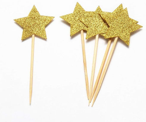 Hvogvok 72 pcs Cupcake Toppers, Twinkle Gold Star DIY Glitter Mini Birthday Cake Snack Decorations(Star)...