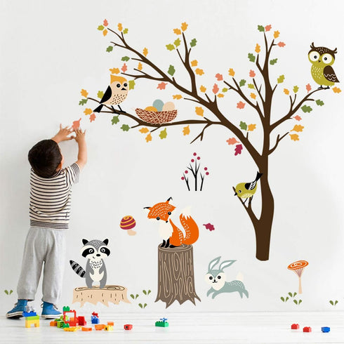 decalmile Woodland Wall Decals Animals Tree Owl Fox Deer Wall Stickers Kids Bedroom Baby Nursery Wall Decor...
