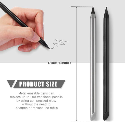 2 Pieces Metal Inkless Pen Inkless Erasable Pencil Metallic Pencil Aluminum Pencil for Writing, Drawing, Drafting, Home Office School Supplies (Bl...