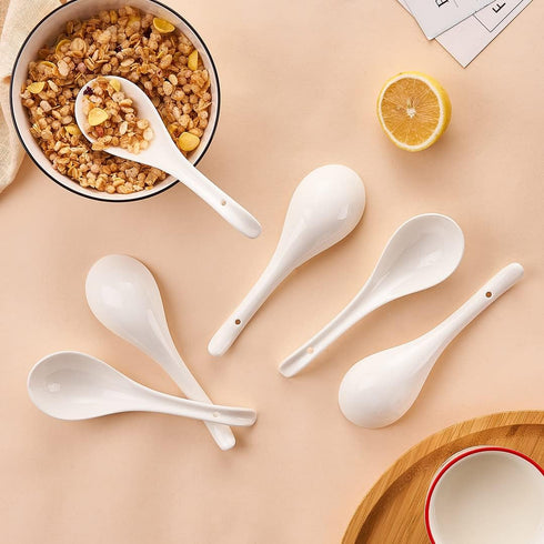 Porcelain Soup Spoons Set of 6, Ceramic Chinese Soup Spoons 6.6 Inch, Asian Soup Spoons, Japanese Ramen Spoons, White...