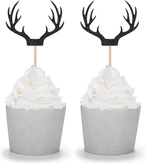 24 Counts Black Deer Antler Cupcake Toppers Picks For Wedding Birthday Baby Shower Party Decorations...
