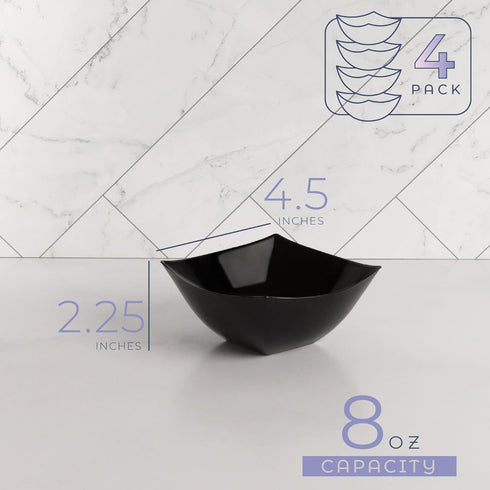 PLASTICPRO Disposable Square Serving Bowls, Party Snack or Salad Bowl, Plastic Black Pack of 4, 8 OUNCE, Black...