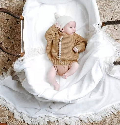 Cotton Muslin Baby Blanket with Tassel?Large 47" x 47" Baby Receiving Blanket with Fringe, Boho Muslin Swaddle Blanket with Fringe, Nursery Decor ...