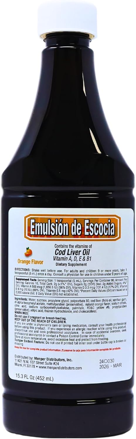 EMULSION DE ESCOCIA Cod Liver Oil, Dietary Supplement, Vitamins A, B1, D and E, Immune System Support, Orange Flavor (15.3 Fl Oz/Pack of 1)...