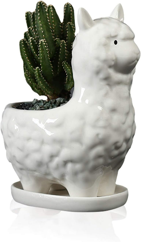 Lependor Cute Alpaca Succulent Planter Pot with Drainage Tray, White Ceramic Cactus/Flower Container, Animal Llama Bonsai Holder for Indoor Plants...