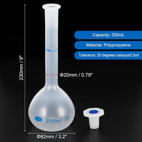 PATIKIL 250ml Volumetric Flask, Polypropylene Graduated Volumetric Measuring Flask with Plug Cap Tolerance 0.3ml for Laboratory Science Experiment...