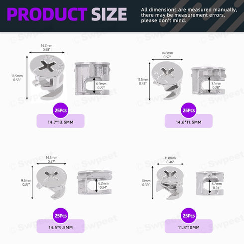 Swpeet 100Pcs 4 Sizes 3 in 1 Furniture Connecting Cam Lock Fittings Assortment Kit, Fastener Cabinet Connectors Hardware Bolts Furniture Connectin...