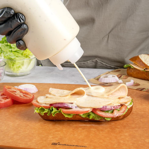 Restaurantware 32oz. FIFO Inverted Plastic Squeeze Bottle with Refill and Dispensing Lids - First In First Out - Perfect for Restaurants Catering ...