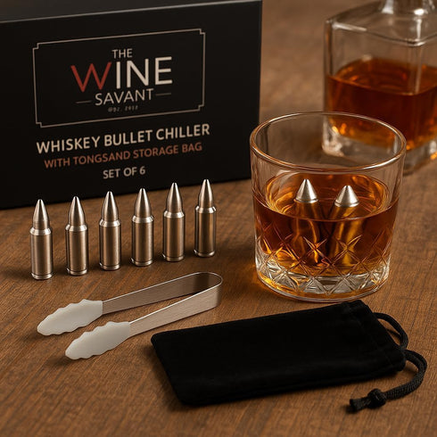 Bullet Whiskey Chillers Stones - Whiskey Rocks by The Wine Savant Set of 6 - Stainless Steel Bullet Shaped Ice Cubes, Gift Box Come, Tongs and Sto...