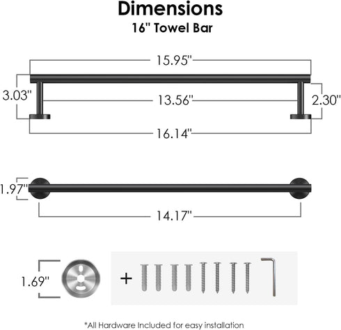 FORIOUS Towel Bar 14 Inch Center to Center, Matte Black Bathroom Towel Rack 304 Stainless Steel, Wall Mounted Towel Holder for Bathroom, includes ...