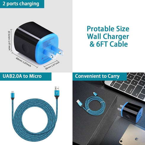 Android Charger Fast Charging Micro USB Cable, 6FT Nylon Micro Cord Wall Charger Block, AbcPow 2.1A Power Adapter with Phone Cord Compatible for S...