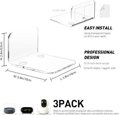 OAPRIRE Acrylic Floating Wall Shelves Set of 3 for Security Cameras, Baby Monitors, Speakers - Universal Small Wall Shelf with Cable Clips, 10-Pie...