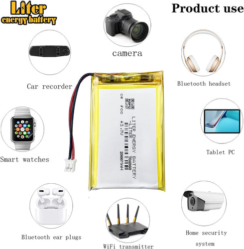 Liter Energy Battery 3.7V Lipo Battery 2000mAh Rechargeable Lithium ion Polymer Battery 704060 Lithium Polymer ion Battery with JST Connector...