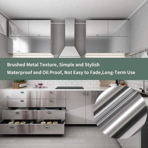 17.7''x197''Silver Wallpaper Stainless Steel Contact Paper Metallic Silver Peel and Stick Waterproof Removable Wallpaper for Kitchen Appliances Co...