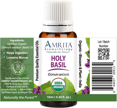 Organic Holy Basil (Tulsi) Essential Oil; 100% Pure and Undiluted Ocimum Sanctum; Premium Quality Aromatherapy Oil; Tested and Verified, Size: 10 ...