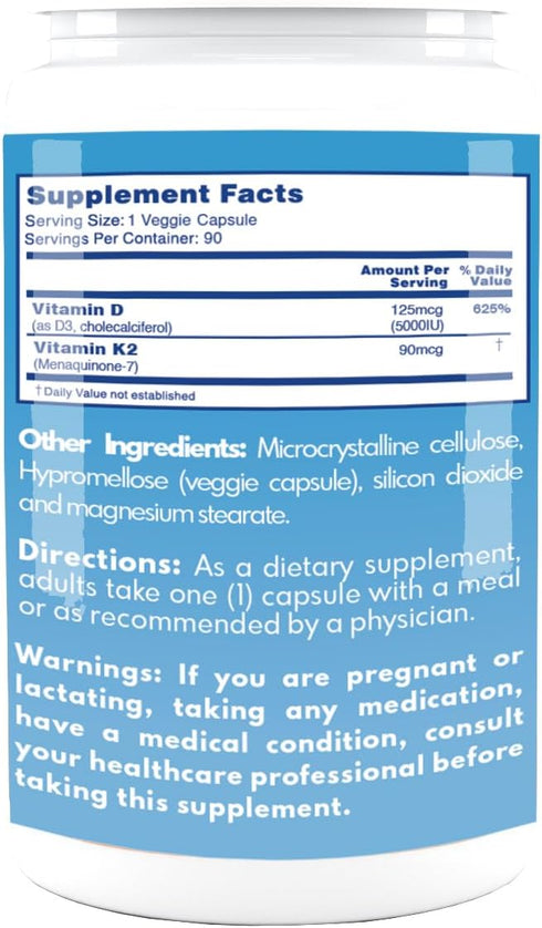 VAL Essentials Vitamin K2 + D3 Supplement - High Potency 5000 IU D3 & 90 mcg K2 MK-7, Non-GMO, Easy to Swallow Vitamin D & K Complex, 90 Vegetaria...