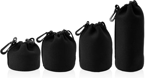 4pcs Camera Lens Bag, 4 Sizes Drawstring Lens Pouch with Thick Protective Neoprene Black Camera Lens Case Bag for Canon, Nikon, Sony, Pentax (Smal...