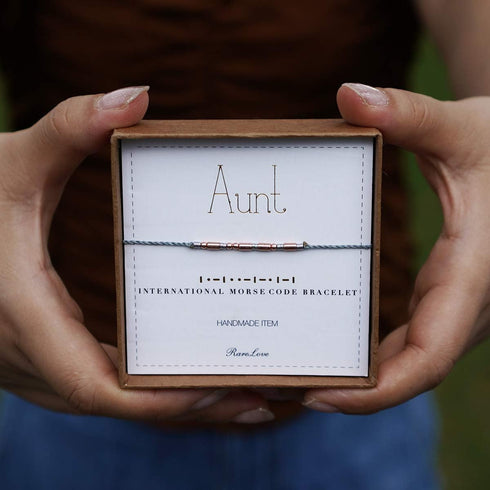 RareLove Aunt Morse Code Bracelets Best Aunt Christmas Gift Women Rose Golden Beads Grey String Bracelet...