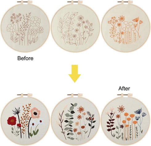 Uphome 3 Pack Embroidery Starter Kit for Beginners Stamped Cross Stitch Kits with Cute Flowers and Plants Patterns with 1 Embroidery Hoop and Colo...
