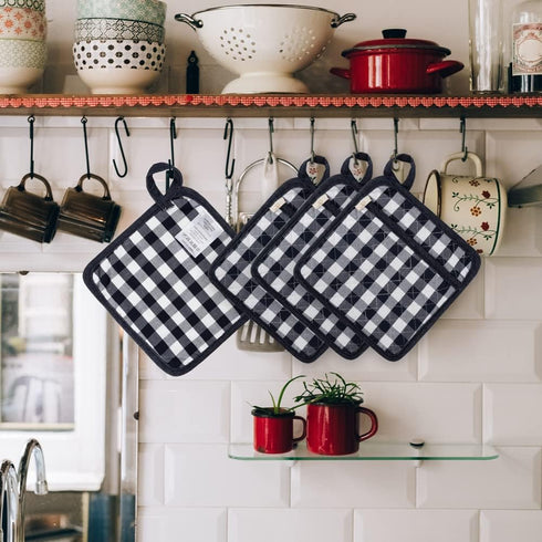 NEOVIVA Quilted Kitchen Pot Holder Set of 2 with Loop, 8”x8” Hot Pot Holders Heat Resistant with Pocket for Easy Grip, Checked Navy Blue...
