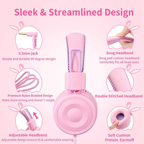 POWMEE M1 Kids Headphones Wired Headphone for Kids,Foldable Adjustable Stereo Tangle-Free,3.5MM Jack Wire Cord On-Ear Headphone for Children (Pink...