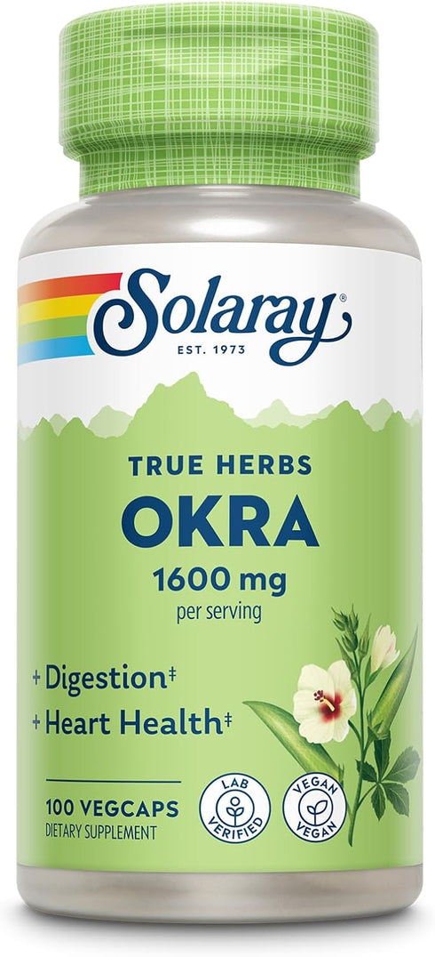 SOLARAY Okra Fruit 1600 mg - Healthy Digestion, Regularity and Heart Health Support Supplement - Soluble Fiber - Lab Verified, Vegan, 60-Day Guara...