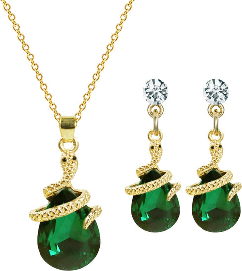 14K Gold Plated Drop Crystal Zircon Green Snake Pendant Necklace and Earring Jewelry Set...